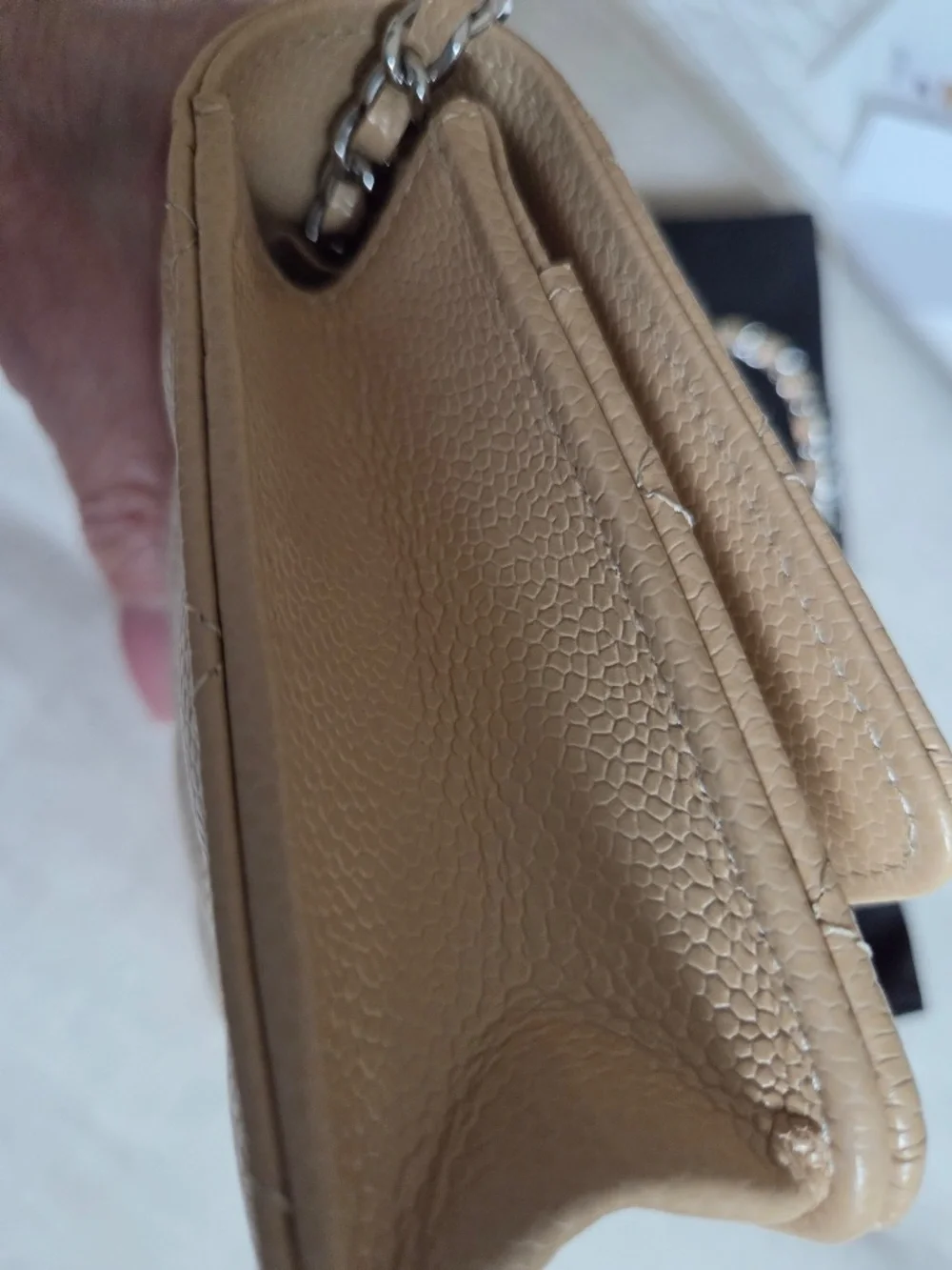 CHANEL Classic Wallet on Chain WOC Beige Caviar Silver Hardware